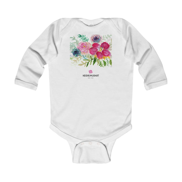 Red Hibiscus Floral Infant Baby's Long Sleeve Bodysuit - Made in UK (UK Size: 6M-24M)-Kids clothes-White-12M-Heidi Kimura Art LLC