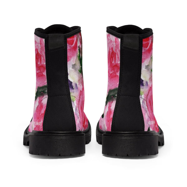Pink Floral Print Women's Boots, Best Winter Laced Up Designer Flower Boots For Women (US Size 6.5-11)