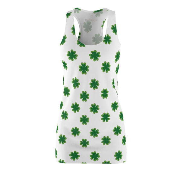 White Green Clover Leaf Print St. Patty's Day Long Women's Racerback Dress-Made in USA-Women's Sleeveless Dress-Heidi Kimura Art LLC