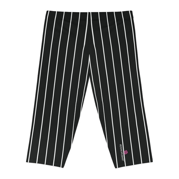 Black Striped Women's Capri Leggings, Modern Black and White Vertically Striped Print American-Made Best Designer Premium Quality Knee-Length Mid-Waist Fit Knee-Length Polyester Capris Tights-Made in USA (US Size: XS-3XL) Plus Size Available
