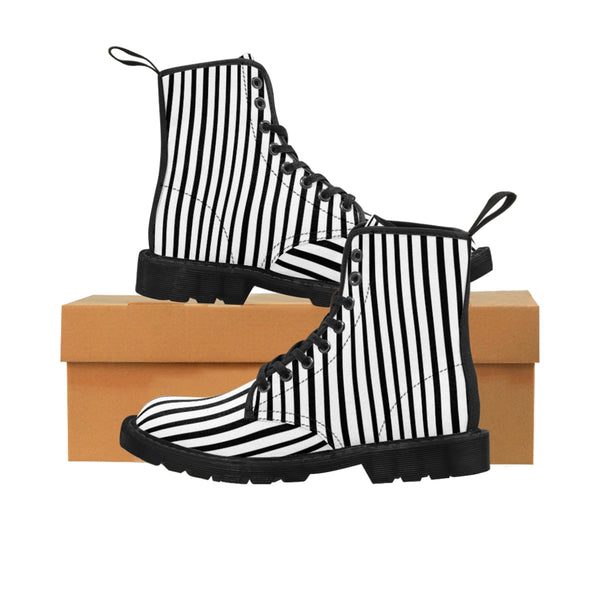 Black Striped Women's Canvas Boots, Vertical Stripes Print Winter Boots For Ladies-Shoes-Printify-Black-US 8.5-Heidi Kimura Art LLC
