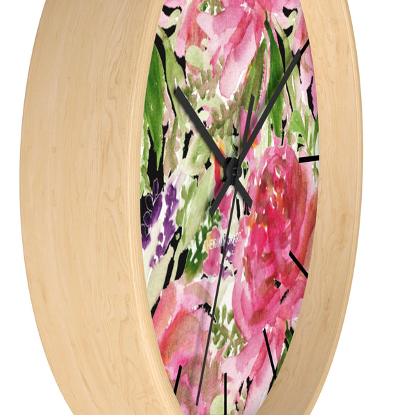 Pink Floral Rose Wall Clock,  Floral 10 inch Diameter Wall Clock, Large Round Wood Girl Children Bedroom Wall Clock