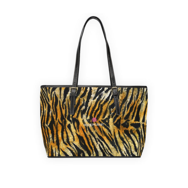 Orange Tiger Striped Tote Bag, Brown Tiger Stripes Animal Print PU Leather Shoulder Large Spacious Durable Hand Work Bag 17"x11"/ 16"x10" With Gold-Color Zippers & Buckles & Mobile Phone Slots & Inner Pockets, All Day Large Tote Luxury Best Sleek and Sophisticated Cute Work Shoulder Bag For Women With Outside And Inner Zippers