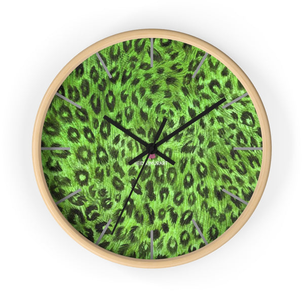 Green Leopard Print Wall Clock,  Numeric 10 inch Diameter Wall Clock, Large Round Wood Girl Children Bedroom Wall Clock
