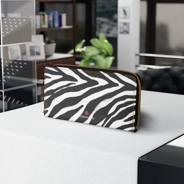 White Black Zebra Print Wallet, Best Zebra Striped Animal Print Best 7.87" x 4.33" Luxury Cruelty-Free Faux Leather Women's Wallet & Purses Compact High Quality Nylon Zip & Metal Hardware, Luxury Long Wallet Card Cases For Women