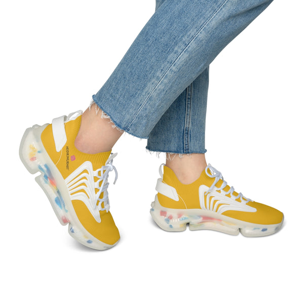 Women's Yellow Mesh Sneakers, Solid Yellow Color Mesh Sneakers For Women (US Size: 5.5-12)