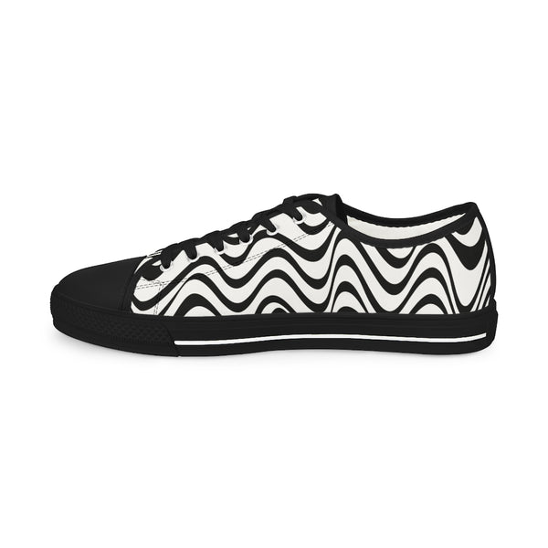 Black White Wavy Men's Shoes, Best Men's Waves Abstract Print Best Breathable Designer Men's Low Top Canvas Fashion Sneakers With Durable Rubber Outsoles and Shock-Absorbing Layer and Memory Foam Insoles (US Size: 5-14)