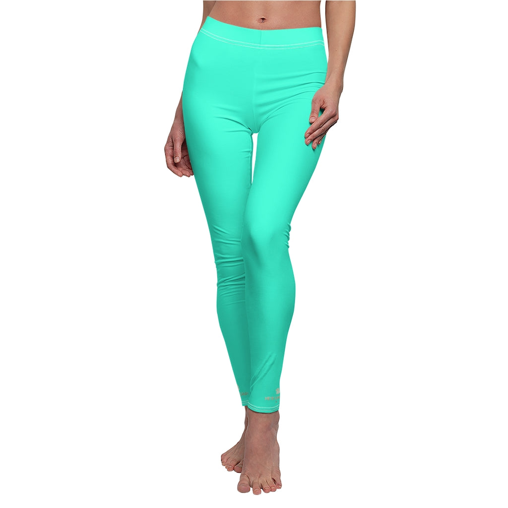 Turquoise Blue Women's Leggings, Bright Solid Color Dressy Long Casual  Leggings- Made in USA