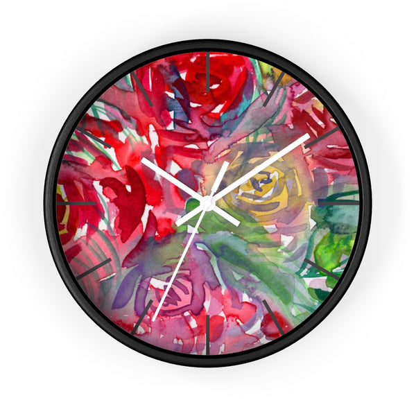 Red Floral Rose Flower Print Elegant 10 inch Diameter Wall Clock - Made in USA-Wall Clock-Black-White-Heidi Kimura Art LLC