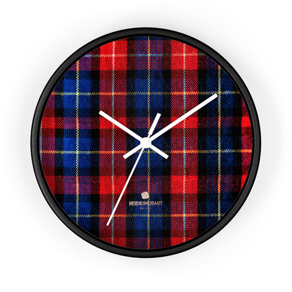 Classic Red Plaid Pattern London Calling Modern 10 in. Diameter Wall Clock-Made in USA-Wall Clock-10 in-Black-White-Heidi Kimura Art LLC
