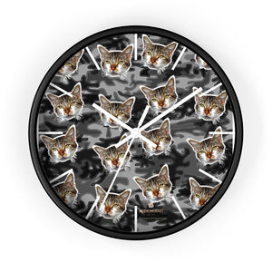 Gray Camo Cat Print Wall Clock, Calico Cat Large 10" dia. Unique Indoor Clocks- Made in USA-Wall Clock-10 in-Black-White-Heidi Kimura Art LLC