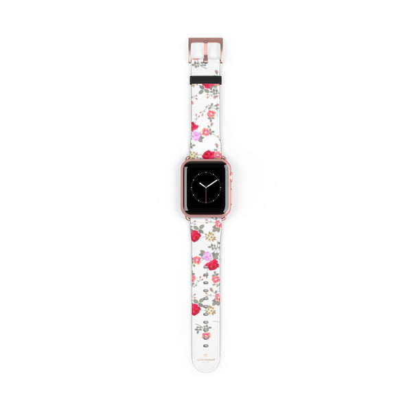 White Red Floral Rose Print Premium 38mm/42mm Designer Watch Band- Made in USA-Watch Band-Heidi Kimura Art LLC