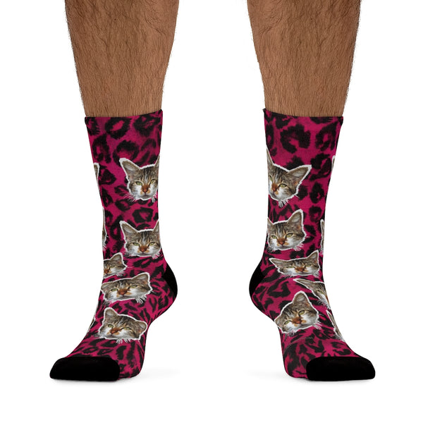 Pink Leopard Cat Print Socks, Cute Calico Cat Print 1-Size Knit Premium Socks- Made in USA-Socks-One size-Heidi Kimura Art LLC