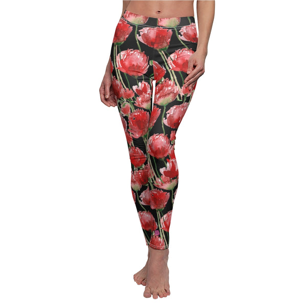 Black Poppy Floral Casual Tights, Women's Floral Casual Leggings