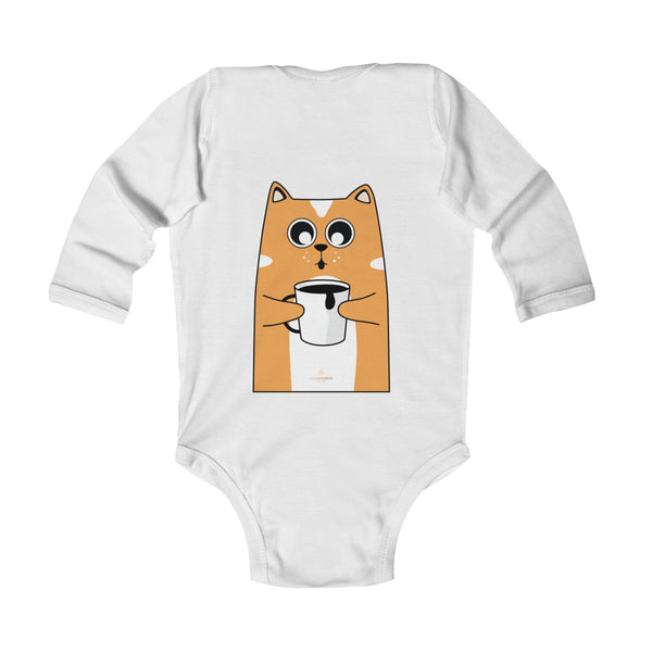 Cute Coffee Cat Print Baby Boy/ Girls Infant Kids Long Sleeve Bodysuit - Made in USA-Infant Long Sleeve Bodysuit-Heidi Kimura Art LLC