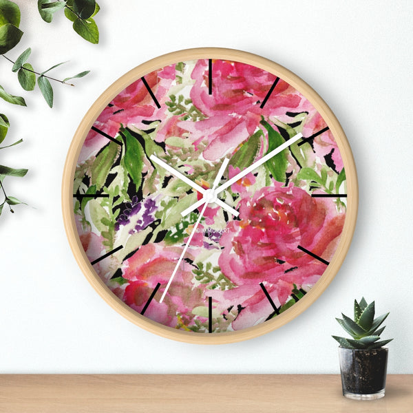 Pink Floral Rose Wall Clock,  Floral 10 inch Diameter Wall Clock, Large Round Wood Girl Children Bedroom Wall Clock