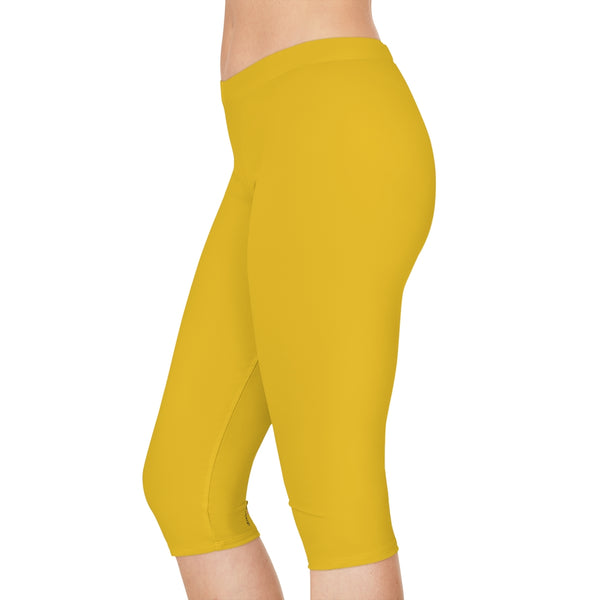 Yellow Color Women's Capri Leggings, Knee-Length Polyester Capris Tights-Made in USA (US Size: XS-2XL)