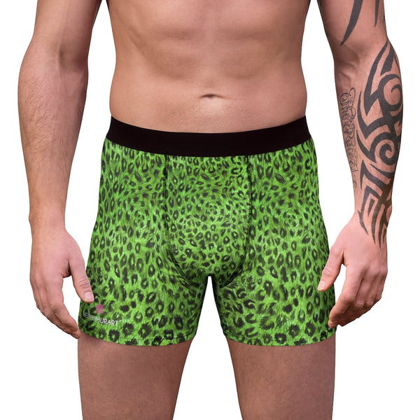 Green Leopard Men's Boxer Briefs, Animal Print Modern Simple Essential Designer Best Underwear For Men, Best Underwear For Men Sexy Hot Men's Boxer Briefs Hipster Lightweight 2-sided Soft Fleece Lined Fit Underwear - (US Size: XS-3XL)