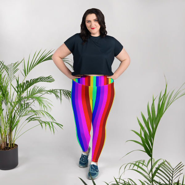 Rainbow Vertical Stripe Women's High Waist Ankle Length Plus Size Leggings-Women's Plus Size Leggings-Heidi Kimura Art LLC