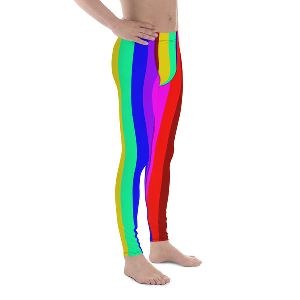 Colorful Rainbow Stripes Print Men's Running Leggings Meggings Activewear Pants-Men's Leggings-Heidi Kimura Art LLC Colorful Rainbow Striped Meggings, Colorful Rainbow Stripes Men's Running Leggings & Run Tights Meggings Activewear- Made in USA/ Europe (US Size: XS-3XL)