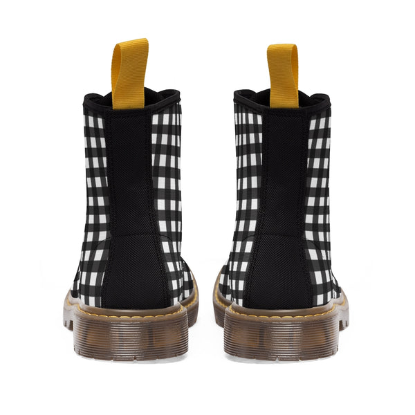 Buffalo Plaid Women's Canvas Boots, Black White Plaid Print Winter Boots For Ladies-Shoes-Printify-Heidi Kimura Art LLC