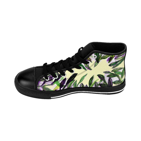 Light Yellow Green Tropical Leaf Print Designer Men's High-top Sneakers Tennis Shoes-Men's High Top Sneakers-Heidi Kimura Art LLC