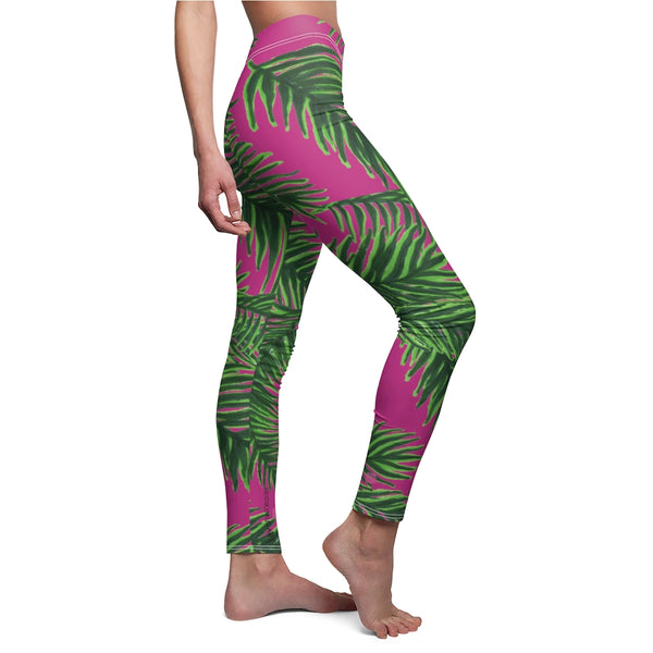Pink Tropical Leaves Casual Tights, Best Jungle Leaves Women's Casual Leggings, Green Jungle Palm Tree Women's Long Leggings, Women's Fashion Best Designer Premium Quality Skinny Fit Premium Quality Casual Leggings - Made in USA (US Size: XS-2XL) 