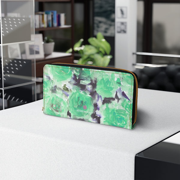 Blue Roses Zipper Wallet, Best Blue Green Floral Roses Print Best 7.87" x 4.33" Luxury Cruelty-Free Faux Leather Women's Wallet & Purses Compact High Quality Nylon Zip & Metal Hardware, Luxury Long Wallet Card Cases For Women
