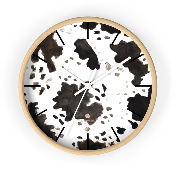 Cow Print White Black Brown Indoor Wooden Frame 10" Dia. Wall Clock - Made in USA-Wall Clock-10 in-Wooden-White-Heidi Kimura Art LLC
