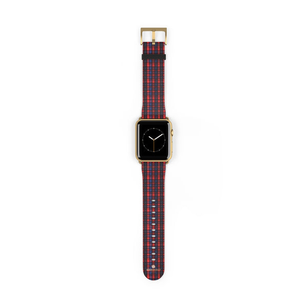 Red Blue Plaid Tartan Print 38mm/42mm Watch Band For Apple Watch- Made in USA-Watch Band-42 mm-Gold Matte-Heidi Kimura Art LLC