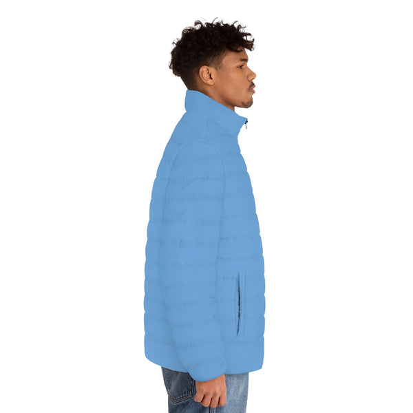 Pastel Blue Color Men's Jacket, Best Regular Fit Polyester Men's Puffer Jacket With Stand Up Collar (US Size: S-2XL)