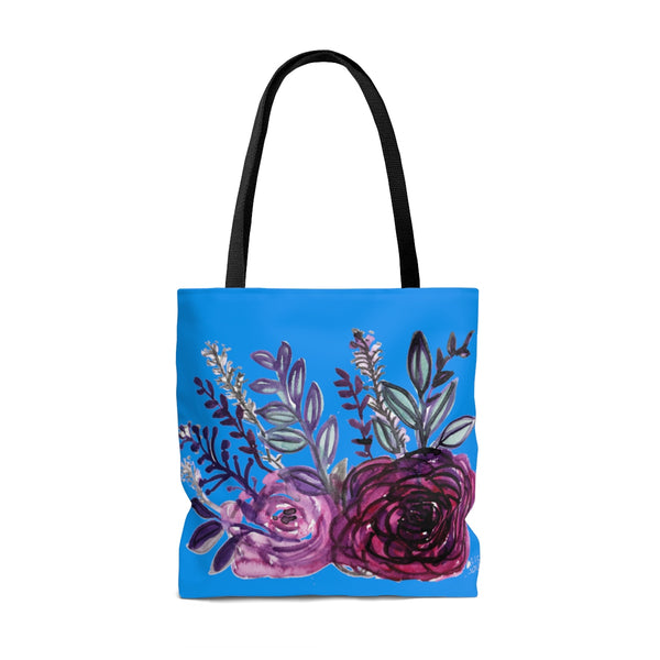 Pink Rose Blue Ocean Rose Flower Print Floral Designer Tote Bag - Made in USA-Tote Bag-Heidi Kimura Art LLC