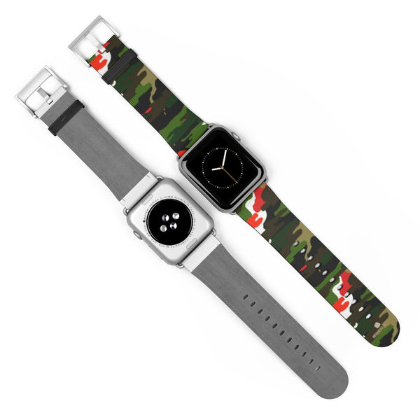 White Green Red Camo Print 38mm/42mm Watch Band For Apple Watches- Made in USA-Watch Band-Heidi Kimura Art LLC