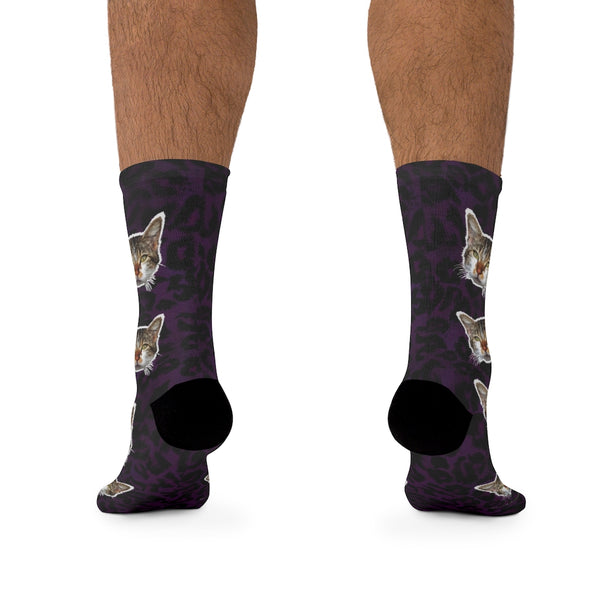 Purple Leopard Cat Print Socks, Animal Print Calico Cat 1-Size Knit Socks- Made in USA-Socks-One size-Heidi Kimura Art LLC