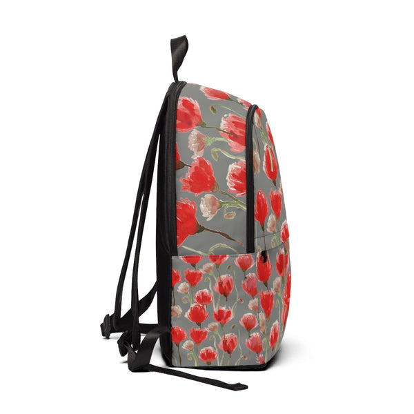 Gray & Red Poppy Flower Floral Print Fabric Backpack School Bag With Laptop Slot-Backpack-One Size-Heidi Kimura Art LLC
