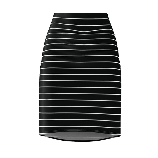 Black Striped Women's Pencil Skirt, Designer White Stripes Stretchy Skirt- Made in USA-All Over Prints-Printify-Heidi Kimura Art LLC  Black Striped Women's Pencil Skirt, Mid Waist Designer White Stripes Designer Women's Pencil Skirt - Made in USA (US Size XS-2XL)
