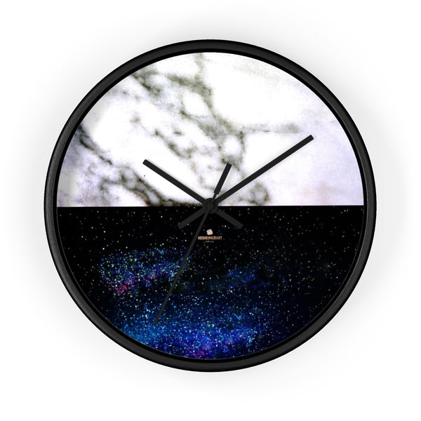 Galaxy White Marble Print Premium Art 10" diameter Wall Clock-Made in USA-Wall Clock-10 in-Black-Black-Heidi Kimura Art LLC