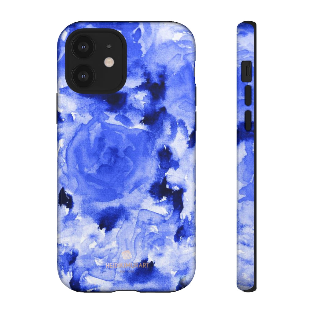 Blue Floral Print Phone Case, Roses Tough Designer Phone Case -Made in USA-Phone Case-Printify-iPhone 12-Glossy-Heidi Kimura Art LLC