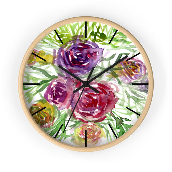 Pink Purple Floral Rose 10 inch Diameter Shabby Chic Girlie Wall Clock - Made in USA-Wall Clock-Wooden-Black-Heidi Kimura Art LLC