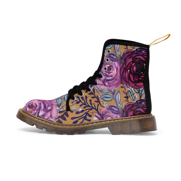 Brown Purple Floral Women's Boots, Flower Print Vintage Style Combat Hiking Boots For Ladies
