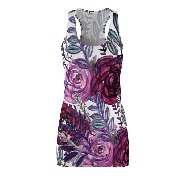 White & Purple Floral Print Designer Premium Women's Long Racerback Dress - Made in USA-Women's Sleeveless Dress-L-Heidi Kimura Art LLC