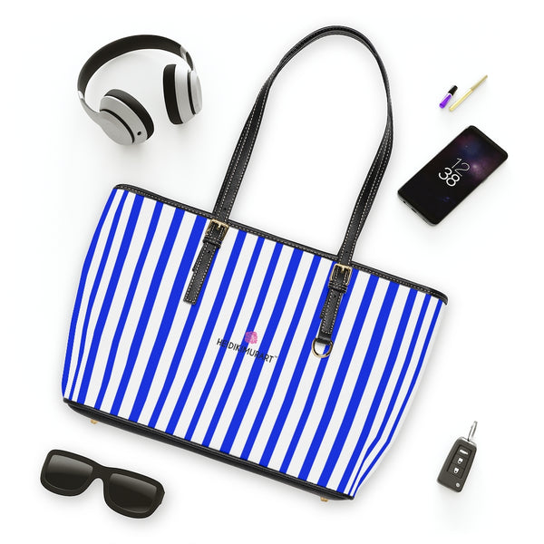 Best Blue Stripes Tote Bag, Best Stylish Blue and White Striped PU Leather Shoulder Large Spacious Durable Hand Work Bag 17"x11"/ 16"x10" With Gold-Color Zippers & Buckles & Mobile Phone Slots & Inner Pockets, All Day Large Tote Luxury Best Sleek and Sophisticated Cute Work Shoulder Bag For Women With Outside And Inner Zippers