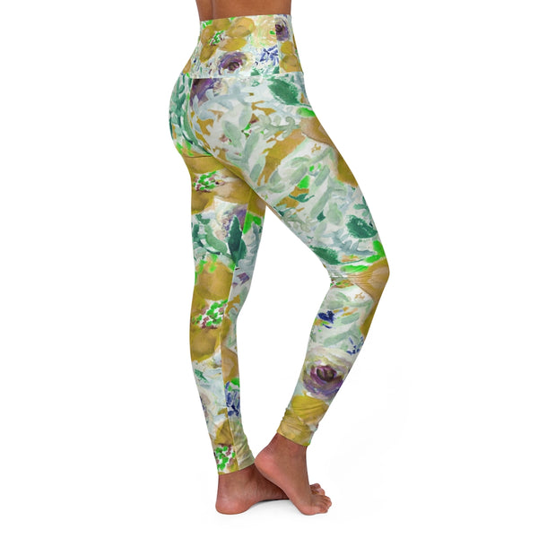 Yellow Floral Yoga Pants, High Waisted Yoga Leggings, Black Grey White Flower Print Women's Tights-All Over Prints-Printify-Heidi Kimura Art LLC