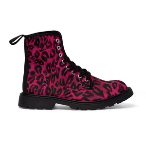 Pink Leopard Print Men Hiker Boots, Animal Print Combat Work Hunting Boots, Anti Heat + Moisture Designer Men's Winter Boots Laced Up Best Hiking Shoes (US Size: 7-10.5)