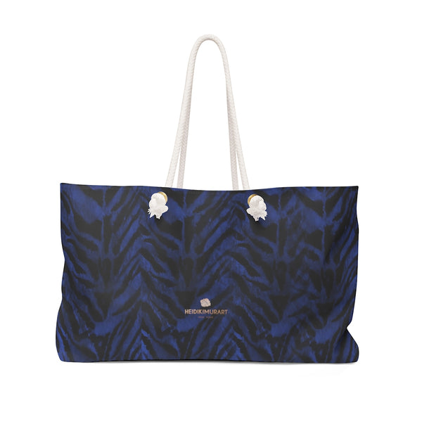Navy Blue Tiger Stripe Animal Print Oversized Designer 24"x13" Large Weekender Bag-Weekender Bag-24x13-Heidi Kimura Art LLC