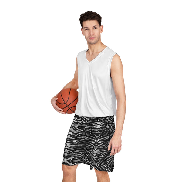 Grey Tiger Men's Basketball Shorts, Tiger Striped Men's Shorts - Made in USA
