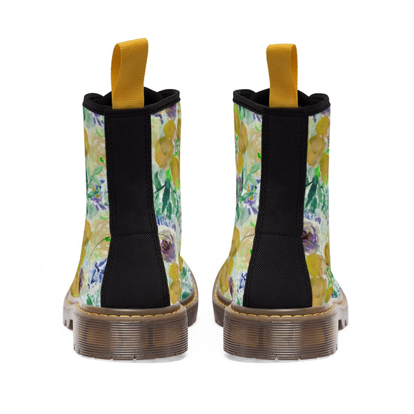 Yellow Floral Women's Canvas Boots-Shoes-Printify-Heidi Kimura Art LLCYellow Floral Women's Canvas Boots, Flower Print Vintage Style Modern Essential Casual Fashion Hiking Boots, Canvas Hiker's Shoes For Mountain Lovers, Stylish Premium Combat Boots, Designer Women's Winter Lace-up Toe Cap Hiking Boots Shoes For Women (US Size 6.5-11)