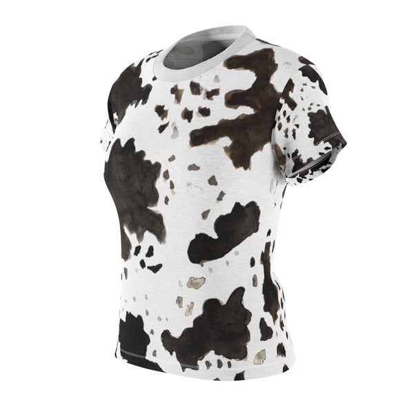 Cow Print Regular Fit Crew Neck Women's Cut & Sew Crew Neck Tee -Made in USA-T-Shirt-Heidi Kimura Art LLC
