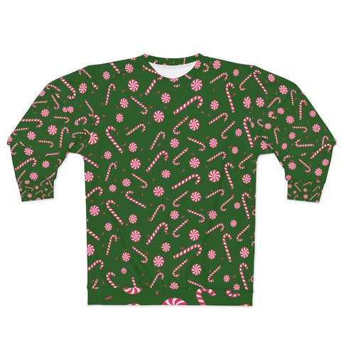 Dark Green Red Candy Cane Print Christmas Holiday Unisex Sweatshirt - Made in USA-Unisex Sweatshirt-Heidi Kimura Art LLC