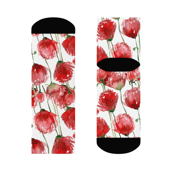 Red Poppy Floral Print Socks, Unisex Designer Premium Quality Crew Socks - Designed in USA-Socks-Ankle-Heidi Kimura Art LLC